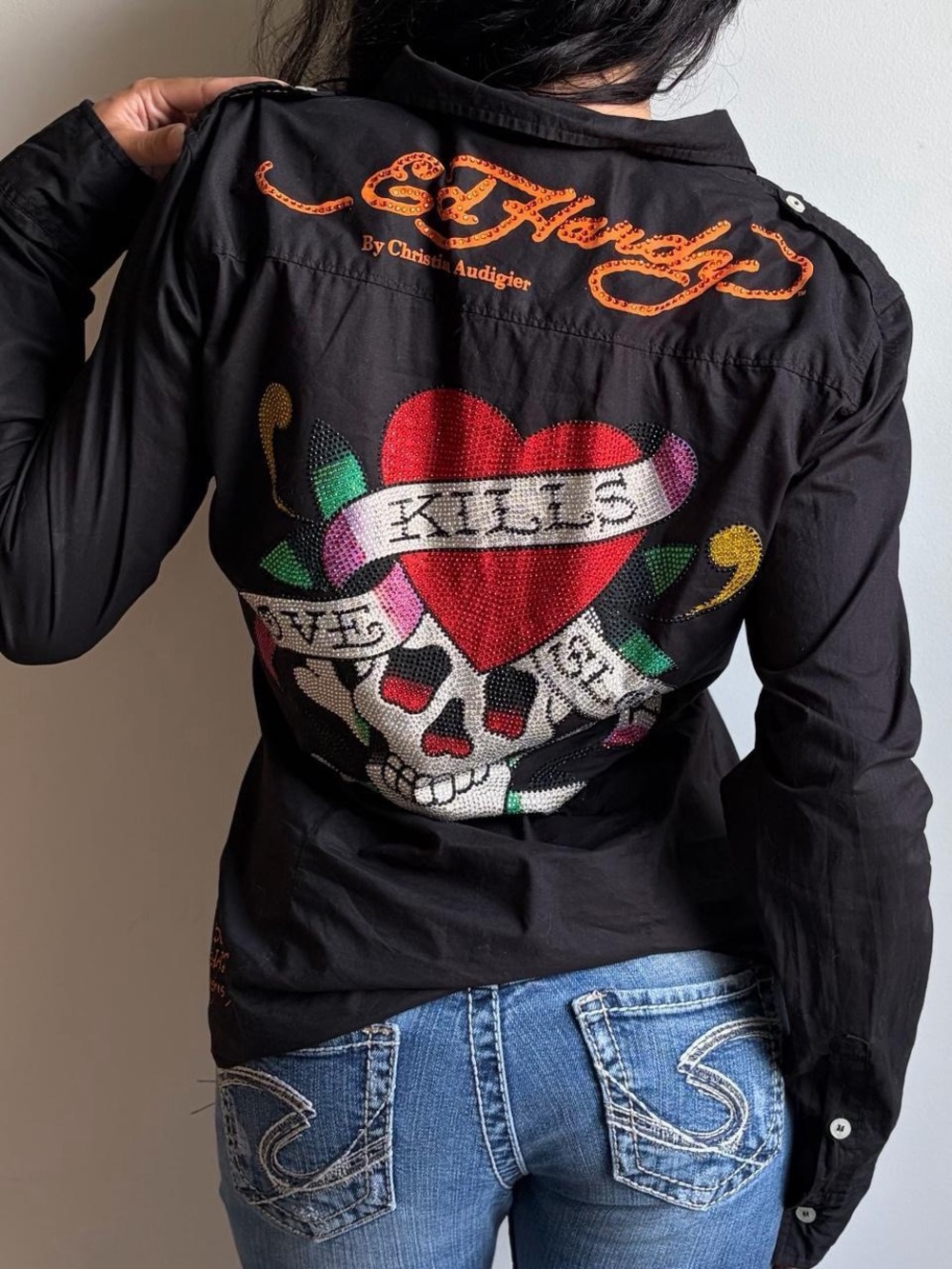 Ed Hardy Black Beaded Skull & Heart Button-Up Shirt Size L